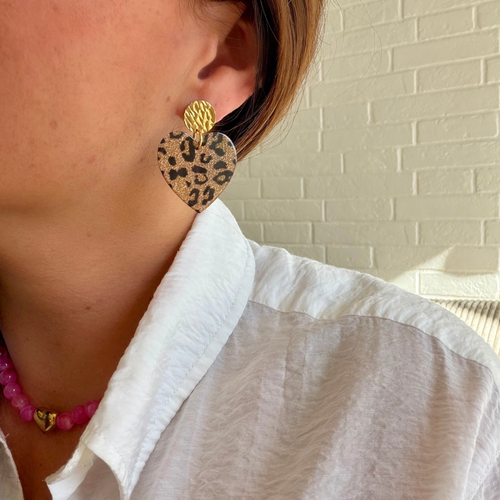 boucles d'oreilles coeur léopard pailletée et puce martelé en acier inoxydable